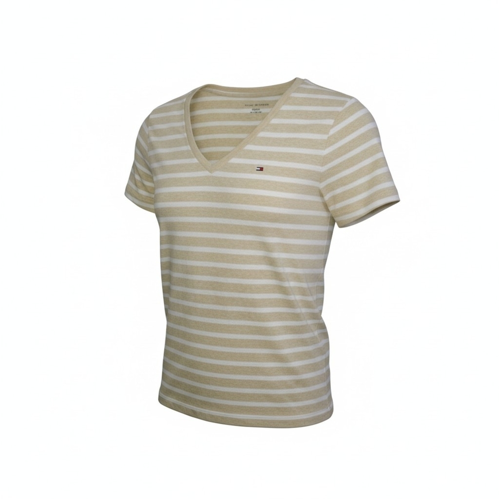 Tommy Hilfiger Women's Beige and White Striped V-Neck Tee - Picture 4 of 6